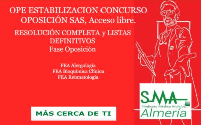 OPE ESTABILIZACION CONCURSO OPOSICIÓN SAS. RESOLUCIÓN COMPLETA y LISTAS DEFINITIVAS SUPERAN FASE OPOSICIÓN. FEA Alergología, Bioquímica Clínica y Reumatología, acceso libre.