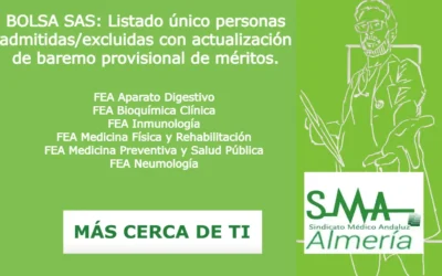 BOLSA SAS: Listado único personas admitidas/excluidas con actualización de baremo provisional de méritos. FEA Aparato Digestivo, Bioquímica Clínica, Inmunología, Medicina Física y Rehabilitación, Medicina Preventiva y Salud Pública y Neumología.