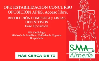 OPE ESTABILIZACION CONCURSO OPOSICIÓN APES. RESOLUCIÓN COMPLETA y LISTAS DEFINITIVAS SUPERAN FASE OPOSICIÓN. FEA Cardiología y Médico/a de Familia en Unidades de Urgencia Hospitalaria, acceso libre.