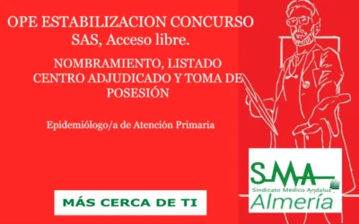 OPE ESTABILIZACION CONCURSO SAS. NOMBRAMIENTO, LISTADO CENTRO ADJUDICADO Y TOMA DE POSESIÓN. Epidemiólogo/a de Atención Primaria, acceso libre