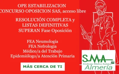 OPE ESTABILIZACION CONCURSO OPOSICIÓN SAS. RESOLUCIÓN COMPLETA y LISTAS DEFINITIVAS SUPERAN FASE OPOSICIÓN. FEA Neumología, Nefrología, Médico/a del Trabajo y Epidemiólogo/a Atención Primaria, acceso libre.